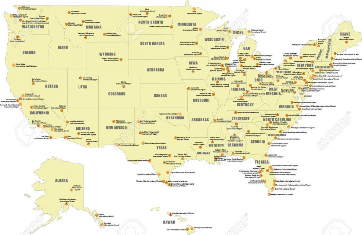 地图上的美国各大机场